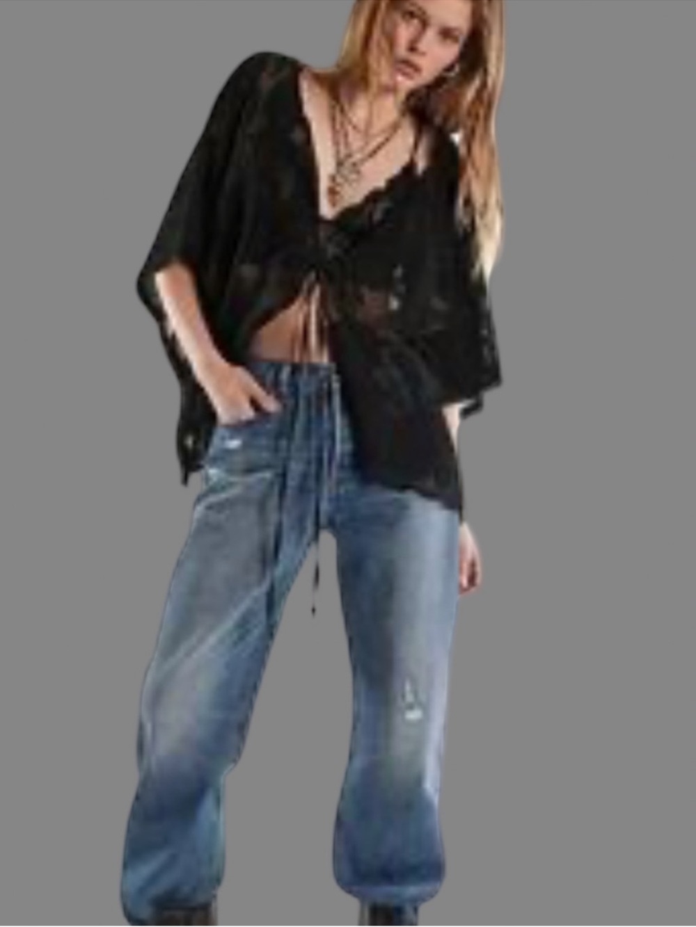 Free People Willow Tie Front Cape Black OS Fits All - Picture 11 of 11